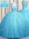 Suitable See Through Cap Sleeves Tulle With Brush Train Zipper Quinceanera Gowns in Baby Blue with Beading and Appliques