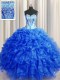 Visible Boning Beaded Bodice Sleeveless Organza Floor Length Lace Up Quinceanera Dresses in Royal Blue with Beading and Ruffles