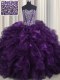 Deluxe Bling-bling Sweetheart Sleeveless Vestidos de Quinceanera With Brush Train Beading and Ruffles Purple Organza