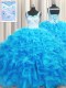 Aqua Blue Lace Up Quince Ball Gowns Beading and Ruffles Sleeveless Floor Length
