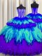 Superior Bling-bling Visible Boning Floor Length Multi-color Quince Ball Gowns Tulle Sleeveless Beading and Ruffles and Ruffled Layers and Sequins
