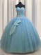 Stylish Sleeveless Tulle Floor Length Lace Up Ball Gown Prom Dress in Baby Blue with Beading and Sequins and Bowknot