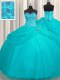 Simple Puffy Skirt Aqua Blue Ball Gowns Sweetheart Sleeveless Organza Floor Length Lace Up Beading Quinceanera Gowns