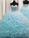 Wonderful Rolling Flowers Sleeveless Organza Brush Train Lace Up Quince Ball Gowns in Aqua Blue with Beading and Pick Ups