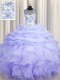Perfect See Through Scoop Lavender Sleeveless Floor Length Beading and Ruffles and Pick Ups Lace Up 15th Birthday Dress