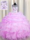 See Through Lilac Organza Lace Up Scoop Sleeveless Floor Length Sweet 16 Quinceanera Dress Beading and Ruffles and Pick Ups