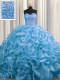 Floor Length Baby Blue Sweet 16 Quinceanera Dress Organza Court Train Sleeveless Beading and Pick Ups