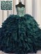 Traditional Visible Boning Bling-bling Sleeveless Organza With Brush Train Lace Up Sweet 16 Quinceanera Dress in Peacock Green with Beading and Ruffles