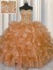Visible Boning Ball Gowns Quinceanera Dress Champagne Strapless Organza Sleeveless Floor Length Lace Up