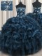 Sleeveless Floor Length Appliques and Ruffles and Ruffled Layers Lace Up Vestidos de Quinceanera with Navy Blue