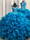 Zipple Up See Through Back Teal Ball Gowns Straps Sleeveless Organza Floor Length Zipper Beading and Ruffles Quinceanera Dresses