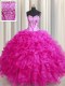 High Class Visible Boning Bling-bling Hot Pink Lace Up Ball Gown Prom Dress Beading and Ruffles Sleeveless Floor Length