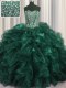 Dramatic Visible Boning Bling-bling Organza Sweetheart Sleeveless Brush Train Lace Up Beading and Ruffles Ball Gown Prom Dress in Turquoise