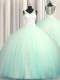 Big Puffy Zipper Up V-neck Sleeveless Sweet 16 Dresses With Brush Train Beading and Appliques Apple Green Tulle