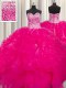 Visible Boning Beaded Bodice Hot Pink Sleeveless Beading and Ruffles Floor Length Quinceanera Gowns