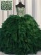 Adorable Visible Boning Bling-bling Green Organza Lace Up Sweetheart Sleeveless With Train Quince Ball Gowns Brush Train Beading