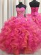 Top Selling Beading and Ruffles Ball Gown Prom Dress Hot Pink Lace Up Sleeveless Floor Length