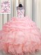 Scoop See Through Baby Pink Sleeveless Beading and Ruffles and Pick Ups Floor Length 15 Quinceanera Dress