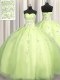 Customized Big Puffy Yellow Green Sleeveless Beading and Appliques Floor Length Quinceanera Gown