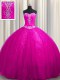 Court Train Ball Gowns Quinceanera Dresses Fuchsia Sweetheart Tulle and Sequined Sleeveless With Train Lace Up