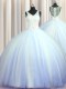 Cute See Through Zipper Up Light Blue Ball Gowns Tulle V-neck Sleeveless Beading and Appliques With Train Zipper Quinceanera Dress Brush Train