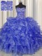 Visible Boning Blue Sleeveless Beading and Ruffles Floor Length Ball Gown Prom Dress