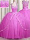 Popular See Through Hot Pink Cap Sleeves Tulle Brush Train Zipper Quinceanera Gown for Military Ball and Sweet 16 and Quinceanera