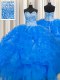 Great Visible Boning Beaded Bodice Sleeveless Organza Floor Length Lace Up Ball Gown Prom Dress in Blue with Beading and Ruffles