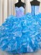 Custom Fit Sweetheart Sleeveless Lace Up Quinceanera Gowns Blue And White Organza