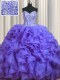 Bling-bling Lavender Ball Gowns Sweetheart Sleeveless Organza With Brush Train Lace Up Beading and Ruffles Sweet 16 Quinceanera Dress