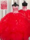 Visible Boning Beaded Bodice Beading and Ruffles Quinceanera Gown Red Lace Up Sleeveless Floor Length