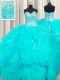 Exceptional Visible Boning Beaded Bodice Sleeveless Floor Length Beading and Ruffles Lace Up Sweet 16 Dress with Aqua Blue