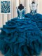 Zipple Up Sequins See Through Back Floor Length Ball Gowns Sleeveless Teal Vestidos de Quinceanera Zipper