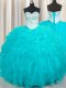 Aqua Blue Ball Gowns Sweetheart Sleeveless Tulle Floor Length Lace Up Beading and Ruffles Quinceanera Dresses