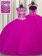 Scoop Fuchsia Sleeveless Tulle Lace Up Quinceanera Dress for Military Ball and Sweet 16 and Quinceanera
