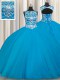 Teal Lace Up Scoop Beading Ball Gown Prom Dress Tulle Sleeveless
