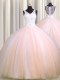 See Through Back Zipple Up Baby Pink and Peach Quinceanera Dress V-neck Sleeveless Brush Train Zipper