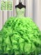 Hot Sale Visible Boning Brush Train Sweetheart Sleeveless Sweet 16 Dress With Train Sweep Train Beading and Ruffles Green Organza