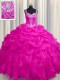See Through Zipper Up Sleeveless Floor Length Appliques and Ruffles and Ruffled Layers Zipper Sweet 16 Quinceanera Dress with Hot Pink