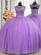 Enchanting See Through Lavender Lace Up 15th Birthday Dress Beading and Appliques Sleeveless Floor Length