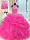 See Through Beaded Bodice Hot Pink Lace Up High-neck Beading and Ruffles and Pick Ups Sweet 16 Dresses Organza Sleeveless