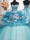 Spectacular Visible Boning Beaded Bodice Blue And White Sleeveless Floor Length Beading and Ruffled Layers Lace Up Ball Gown Prom Dress