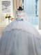 Excellent Scalloped Beading and Lace and Bowknot Quinceanera Gowns Light Blue Lace Up Half Sleeves Brush Train
