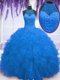 Beauteous Sleeveless Organza Floor Length Zipper 15th Birthday Dress in Blue with Beading and Ruffles