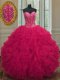 Spectacular Coral Red Lace Up Sweetheart Beading and Ruffles Sweet 16 Dress Organza Sleeveless
