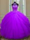 Purple Ball Gowns Halter Top Sleeveless Tulle Floor Length Lace Up Beading and Sequins Quinceanera Dresses