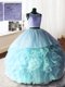 Scoop Sleeveless With Train Beading and Lace and Ruffles Zipper Quinceanera Dresses with Baby Blue Brush Train