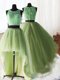 Exquisite Three Piece Scoop Organza and Tulle and Lace Sleeveless With Train Sweet 16 Dress Brush Train and Beading and Lace and Ruffles