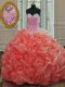 Custom Design Watermelon Red Ball Gowns Sweetheart Sleeveless Organza Sweep Train Lace Up Beading and Pick Ups Quinceanera Gowns