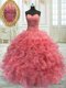 Sophisticated Watermelon Red Sleeveless Floor Length Beading and Ruffles Lace Up Sweet 16 Dresses
